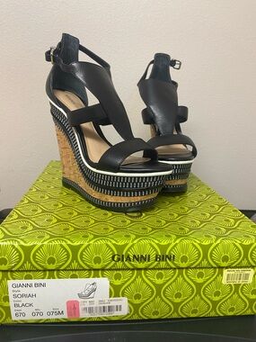 Gianni Bini Black Striped Cork Wedge Sandals